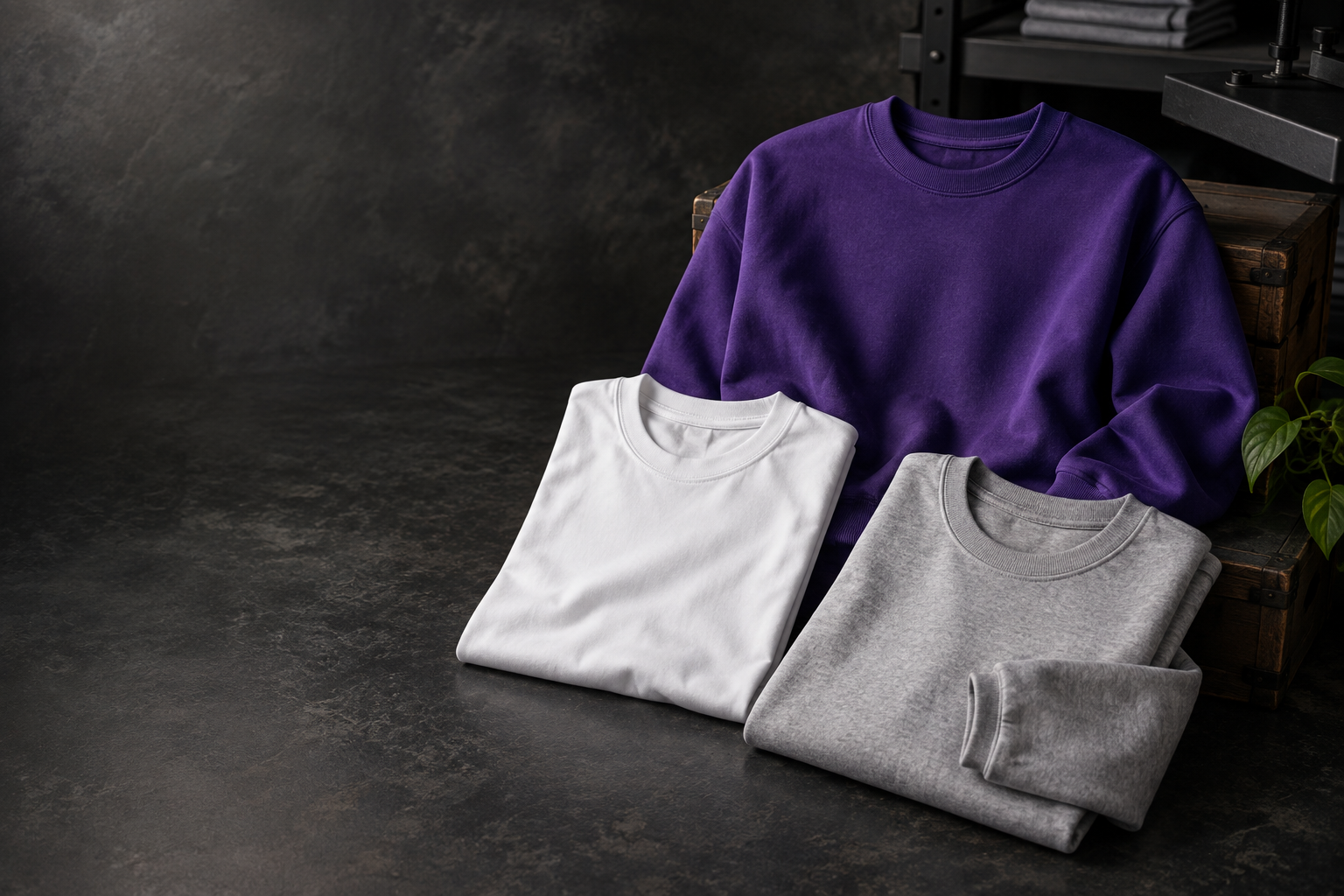 Purple, white, and gray custom apparel arranged in a print studio